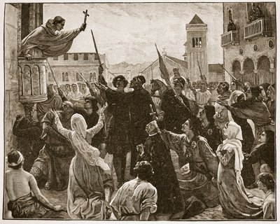 सेंट बर्नार्ड, दूसरे धर्मयुद्ध का प्रचार करते हुए, एचडीएम स्पेंस-जोन्स, पब द्वारा &39;द चर्च ऑफ इंग्लैंड: ए हिस्ट्री फॉर द पीपल&39; का चित्रण। c.1910 (सीपिया फोटो) द्वारा जेम्स आर्चर